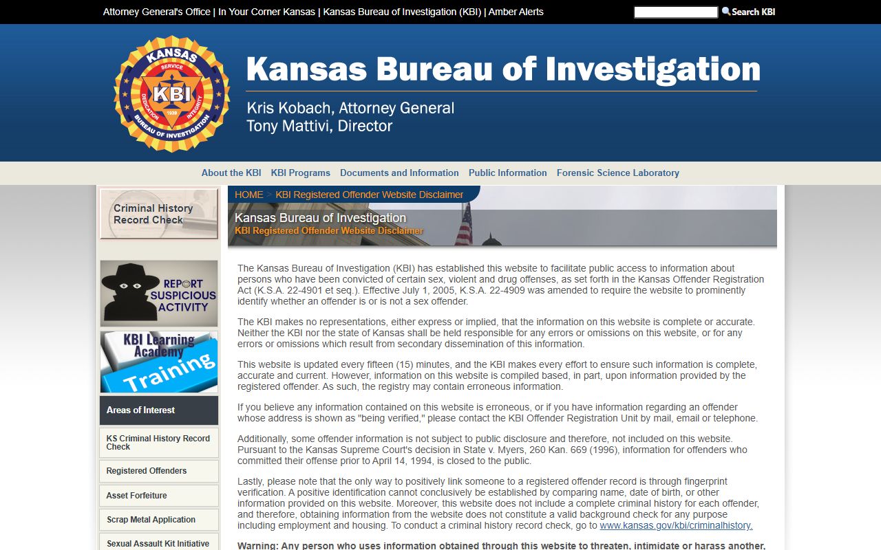 Allen County arrest records and KBI registered offender search source