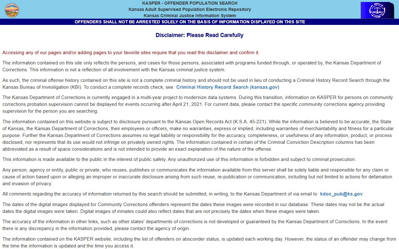 Allen County inmate records KASPER disclaimer
